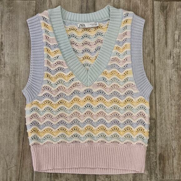 Zara Sweater Vest Womens S Crochet Embroidered Knit Sleeveless Pastel Stripe - Picture 2 of 9